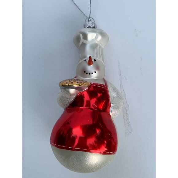 William Sonoma Blown Glass Snowman Chef Ornament Silver & Red 5" - Picture 2 of 7